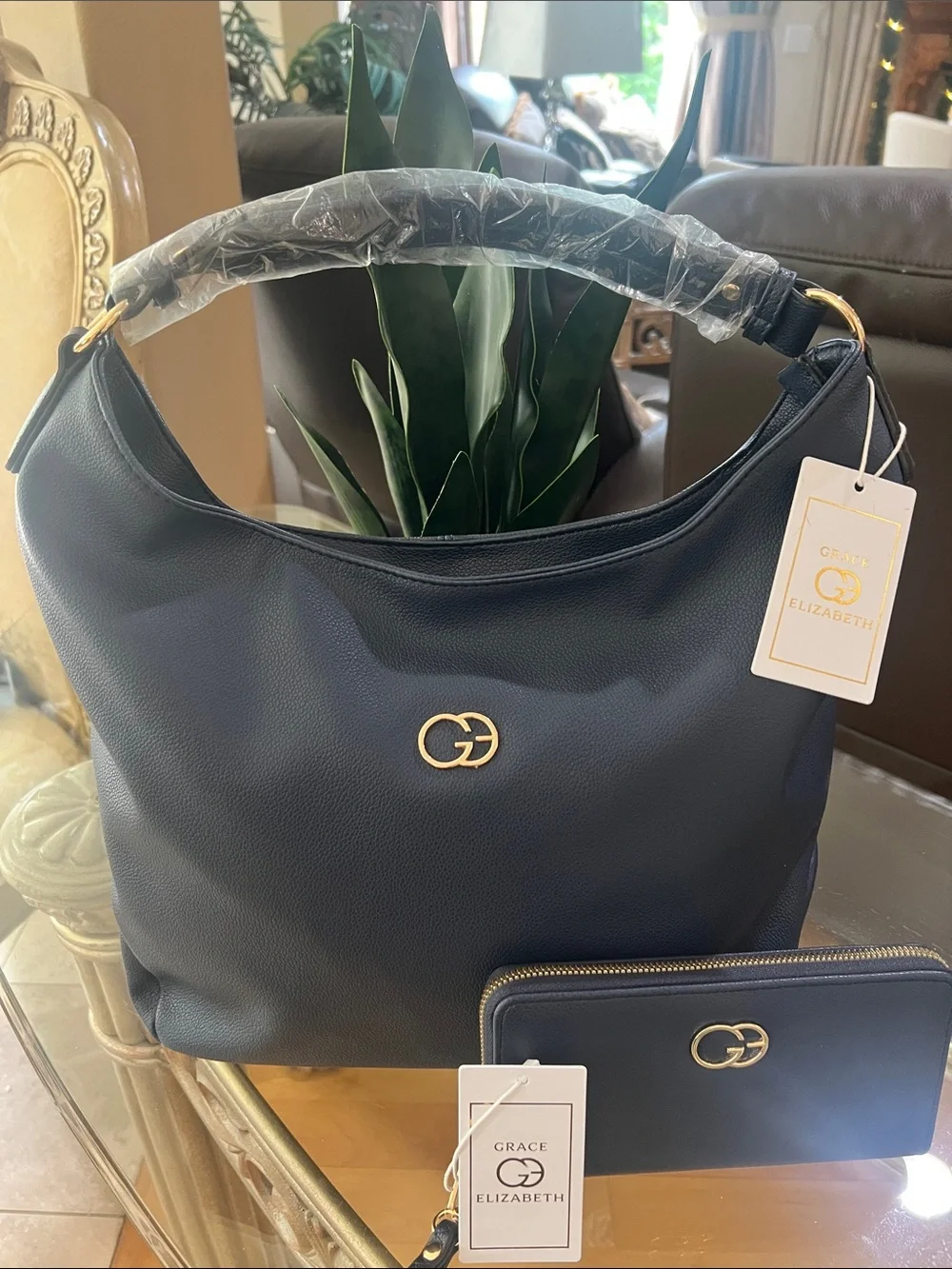 GRACE ELIZABETH Navy Pebbled Leather Hobo with Matching Wallet